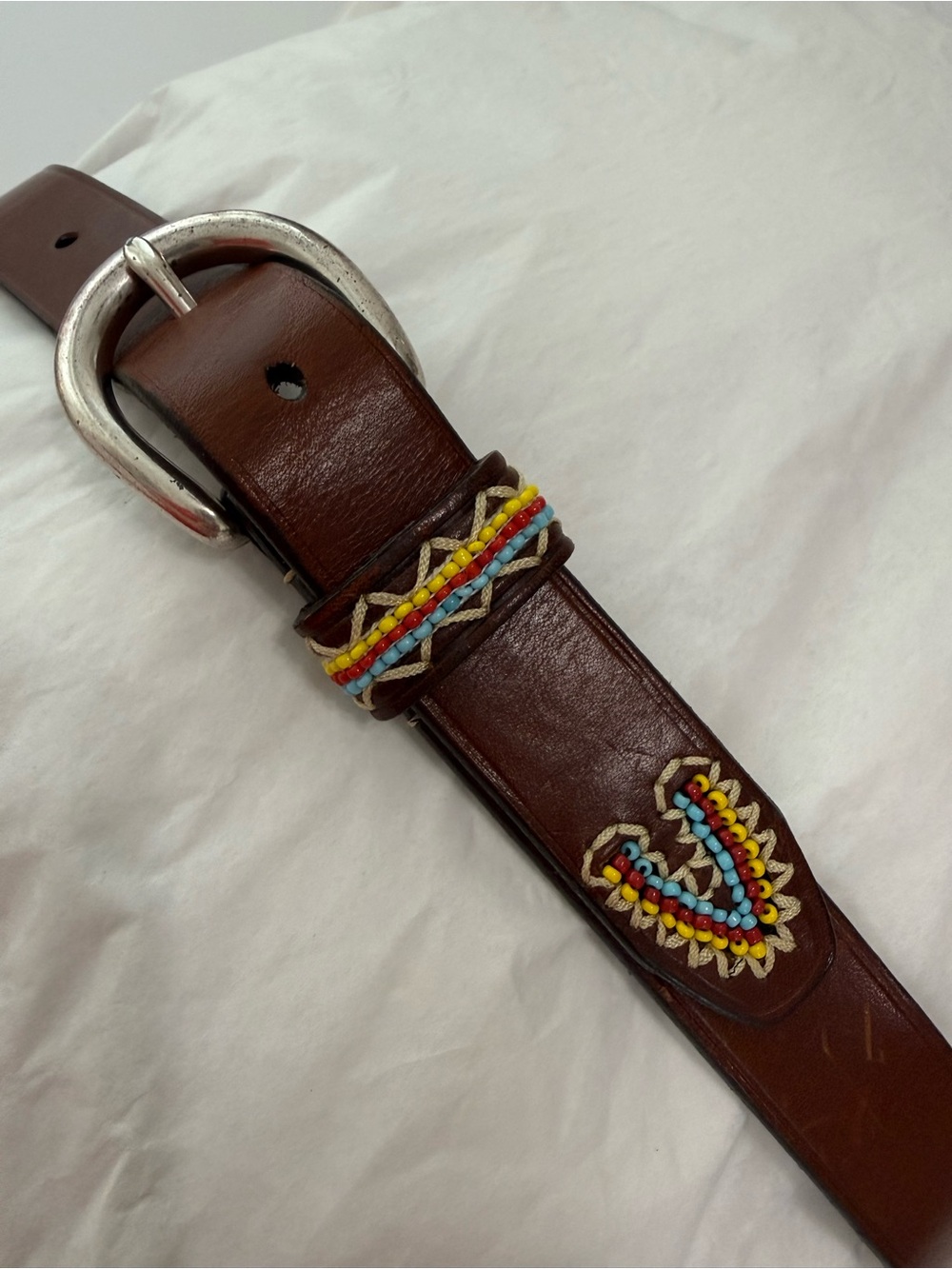 Fossil Brown Leather Belt with Multicolor Bead Accents